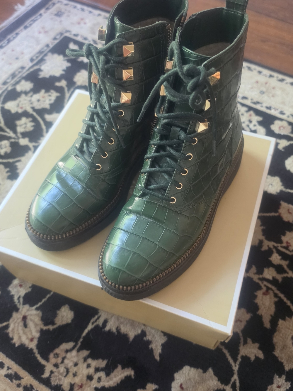 Michael Kors Dark Green Croc-Embossed Lace-Up Ankle Boots